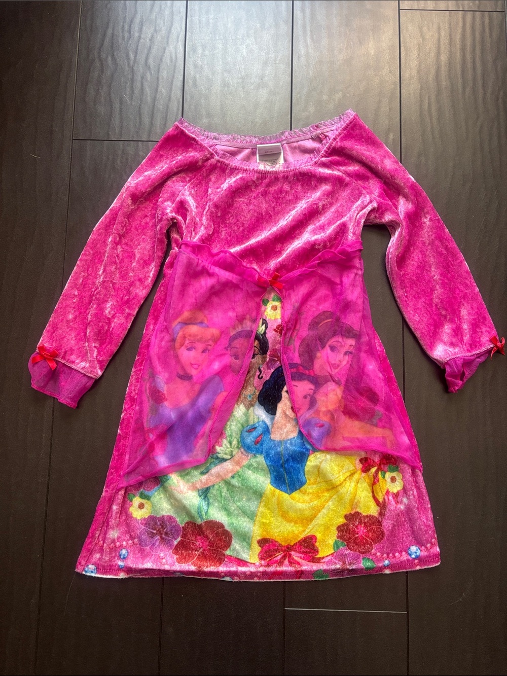 Disney Girls Pink Princess Velvet Nightgown with Multicolor Princess Print